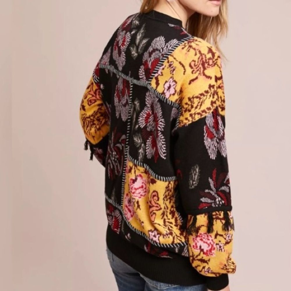 LAIA Tabatha Patchwork Sweater Embroidered Fringe Floral Black Pink Gold Size XL - Picture 3 of 15